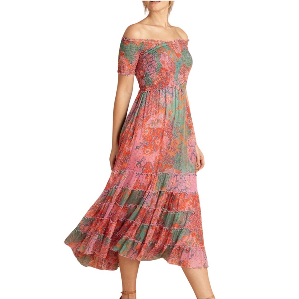 Poupette St. Barth Soledad Dress Pink and Green Midi Dress